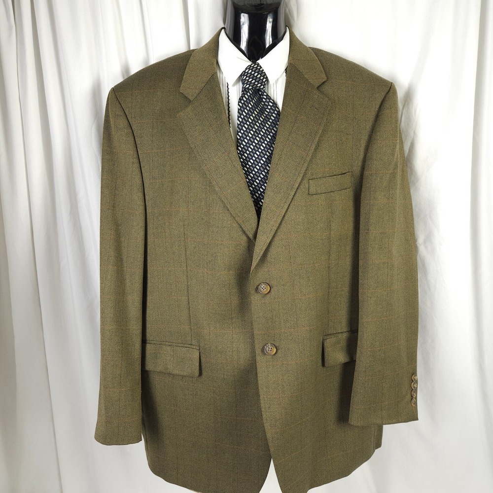 VTG Chaps‎ Ralph Lauren Khaki Windowpane Plaid 100% Wool Blazer Men's 46R
